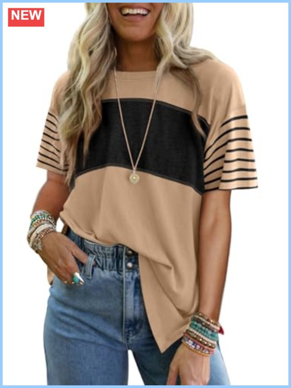 Striped Short Sleeve Tunic Top Soft Stretchable Crew Neck Blouse